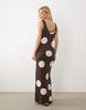 knit maxi dress in brown polka dot