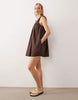 poplin ruched scoop neck and back mini sundress in chocolate