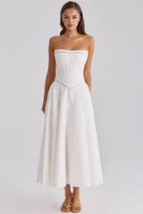 white cotton strapless maxi dress