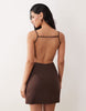 Kaiia Exclusive linen blend tailored strappy open back mini dress in chocolate