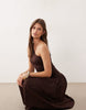 ruched one shoulder dropped waist maxi dress in chocolate