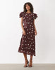 Nobody's Child Lola v neck back detail flutter sleeve midi dress in brown polka dot print