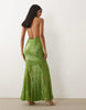 lace high slash neck maxi dress with embellished hotfix panels and embroidery in green