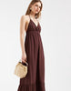 PIECES crinkle halter neck maxi dress in deep mahogany brown