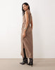 high neck sleeveless ruched knot front midi dress in mocha