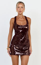 Seville Mini Dress - Racer Back A Line Sequin Dress in Ruby