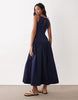 structured cotton sateen tie bust dropped waist midaxi sundress in navy
