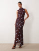 printed polka dot ruched dropped waist circle dress with grown on neck in burgundy