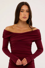 Perfect Stranger Romina Off Shoulder Maxi Dress Burgundy