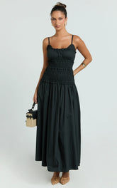 Cami Midi Dress - Rushed Bodice Dress in Black