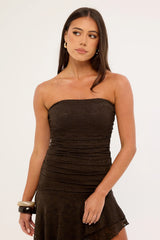 Luck & Trouble Malia Lace Strapless Asymmetrical Midi Dress Brown