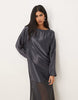 slash neck satin maxi dress with batwing sleeves and chiffon skirt in gray