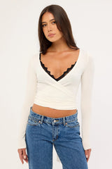 L&t Lila Wrap Long Sleeve V Neck Top White