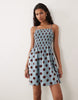 Brave Soul polka dot mini dress with shirred bodice in blue and brown polka dot print