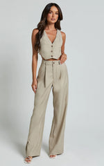 Izara Vest - V Neck Button Up Cropped Vest in Oatmeal