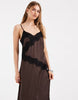 PIECES satin cami maxi dress with lace trim in chocolate brown