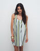 ruched neck mini sundress in techy fabric in blue stripe