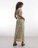 AllSaints Gabby short sleeve gathered floral mesh midi dress in green multi