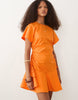 poplin short sleeve mini dress with ruching tie waist detail in tangerine orange