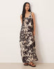 tech fabric scoop ruched neck maxi dress in abstract print