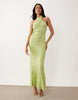 lace halter neck maxi dress with embroidered detail in green