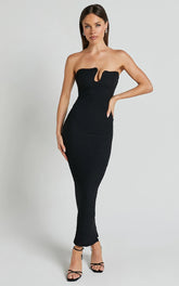 Alberta Midi Dress - Strapless bust detail textured dress in Black