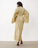 draped long sleeve cross front high neck satin maxi dress
