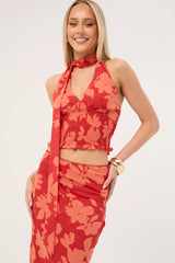 Perfect Stranger Zinna Halter Top Red Print