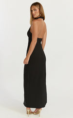 Lani Midi Dress - Scooped Neckline Draped Skirt Halter Dress in Black