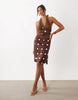 Lioness Solana sheer panel halterneck satin mini dress in chocolate and cream polka dots
