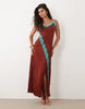 crinkle contrast lace trim midaxi dress in brown and blue