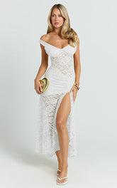 Tatum Midi Dress - Lace Off Shoulder Side Split Dress in Off White