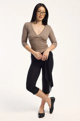 L&t Claudia 3/4 Sleeve V Neck Top Taupe