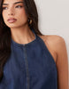 Good American halter neck mini denim dress in dark blue wash