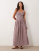 scoop neck crinkle maxi sundress with shirred waist in burgundy and cream gingham