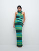 Ruched & Ready mesh cross front racer neck draped waist detail maxi dress in blue and green ombré