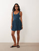 Petite crinkle button through mini dress in denim blue