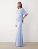 off shoulder wrap bodice detail maxi dress with train in blue