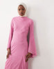 long sleeve layered godet bias cut maxi dress in pink