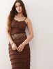 Miss Selfridge lace and ruffle detail midi dress in chocolate