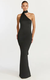 Seraphine Maxi Dress - Halter Neck Low Back Fit And Flare Dress in Black