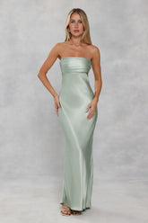 The Seraphina Strapless Satin Maxi Dress Sage Green