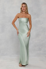 The Seraphina Strapless Satin Maxi Dress Sage Green
