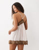 V-neck cami mini dress with lace trim in pink and mocha stripe
