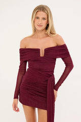 Luck & Trouble Bella Off Shoulder Long Sleeve Mini Dress Burgundy