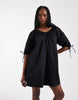 Tall scoop neck poplin mini dress with tie sleeves in black