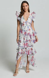 Amalie The Label - Sienah Ruffle Sleeve Tiered Midi Dress - Int