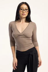L&t Claudia 3/4 Sleeve V Neck Top Taupe