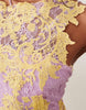 embroidered and embellished lace dress with open back and cut outs in lilac