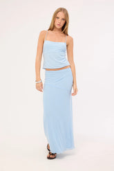 Luck & Trouble Shimmer Asymmetrical Midi Skirt Blue